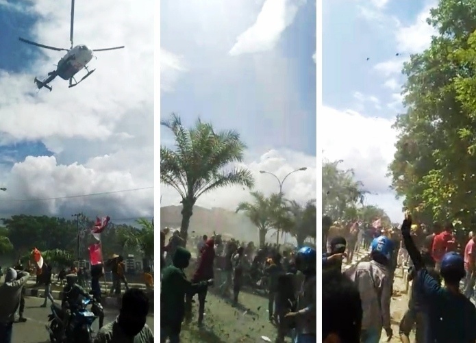 Hempaskan Debu, Helikopter Polda Sultra Berupaya Bubarkan Massa Aksi Randi-Yusuf