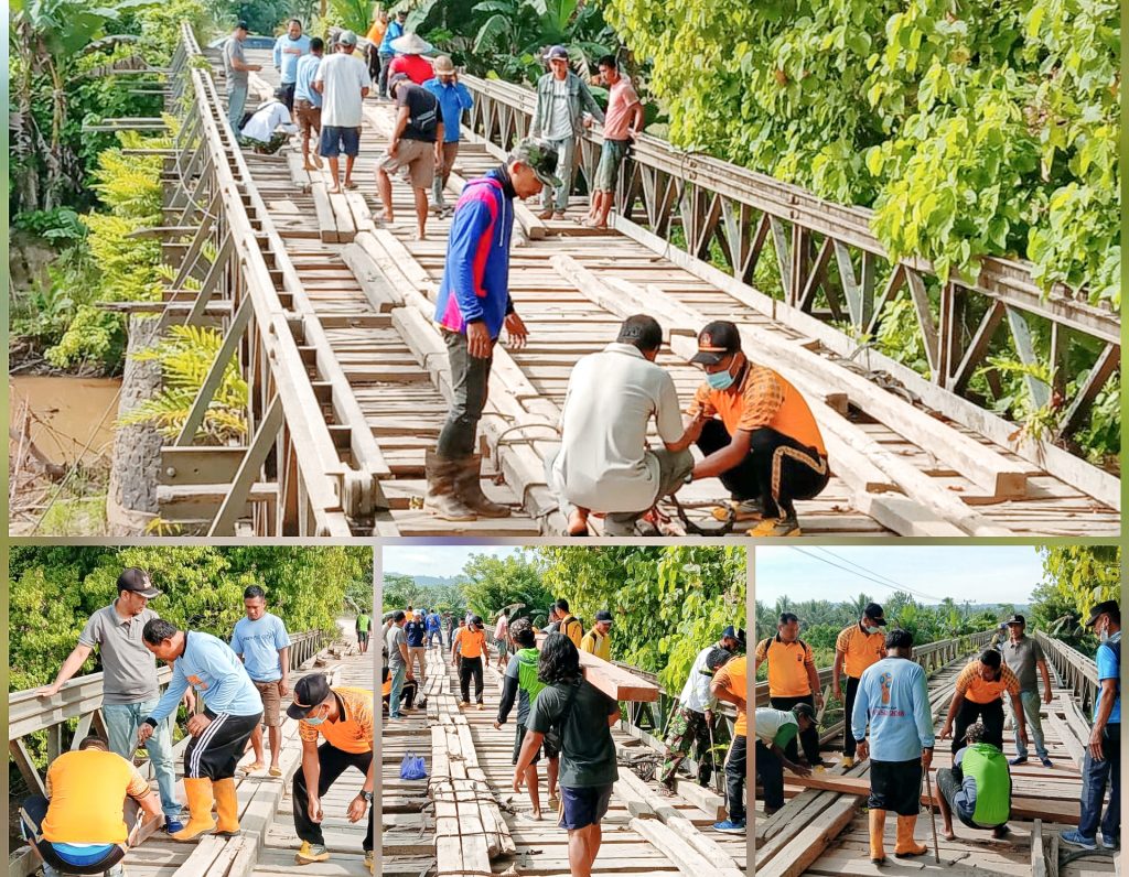 Kapolsek Bersama Pemerintah Kecamatan Lalembuu Gotong Royong Benahi Jembatan