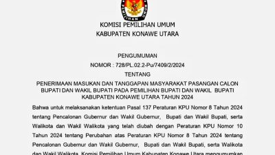 Pengumuman Penerimaan Masukan dan Tanggapan Masyarakat Pasangan Calon Bupati dan Wakil Bupati Konawe Utara Tahun 2024