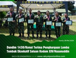 Dandim 1430/Konut Terima Penghargaan Lomba Tembak Eksekutif Satuan Kodam XIV/Hasanuddin