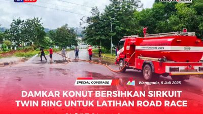 Damkar Konut Bersihkan Sirkuit Twin Ring untuk Latihan Road Race